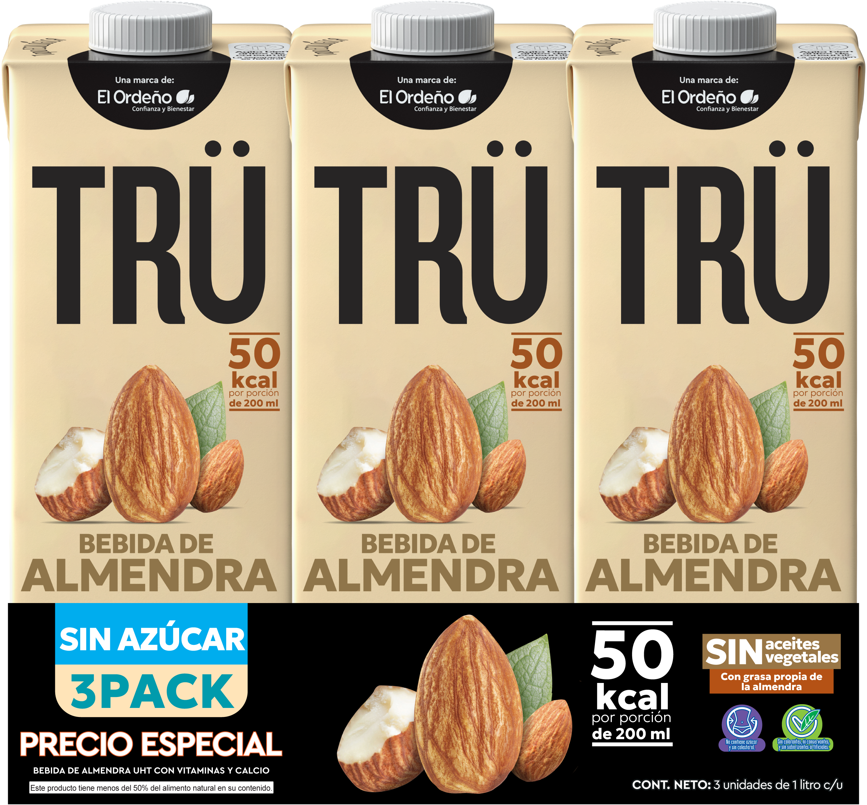 Bebida de almendra sin azúcar de 3 pack de 1 litro alimento en Generación Trü