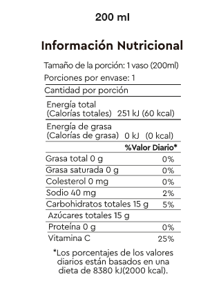 Información nutricional de nectar de naranja en Ecuador